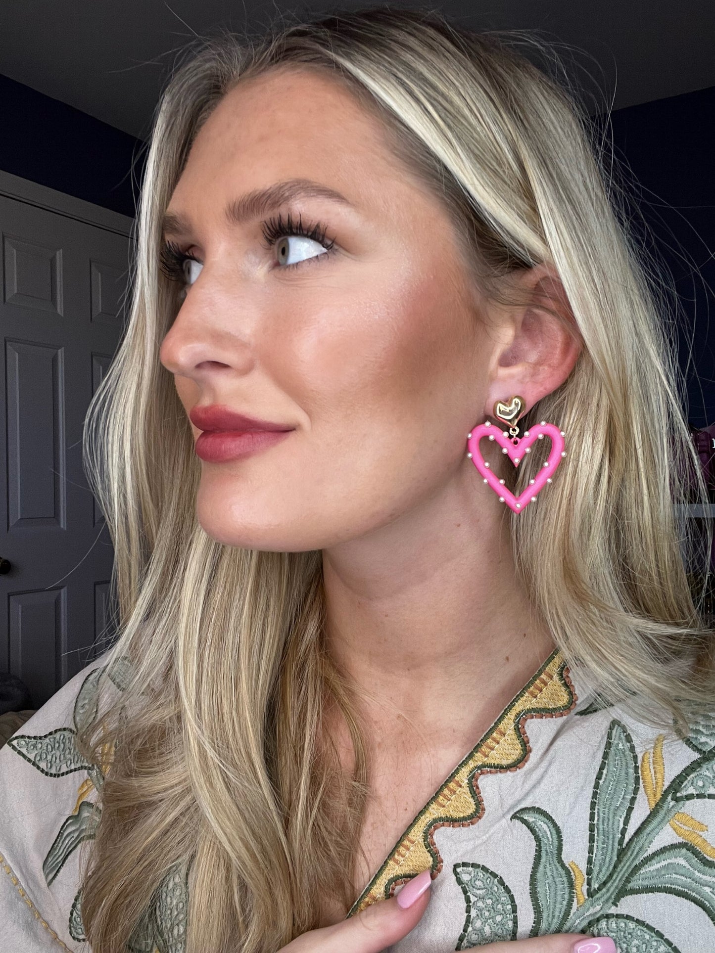Hot Pink Heart Pearl Earrings