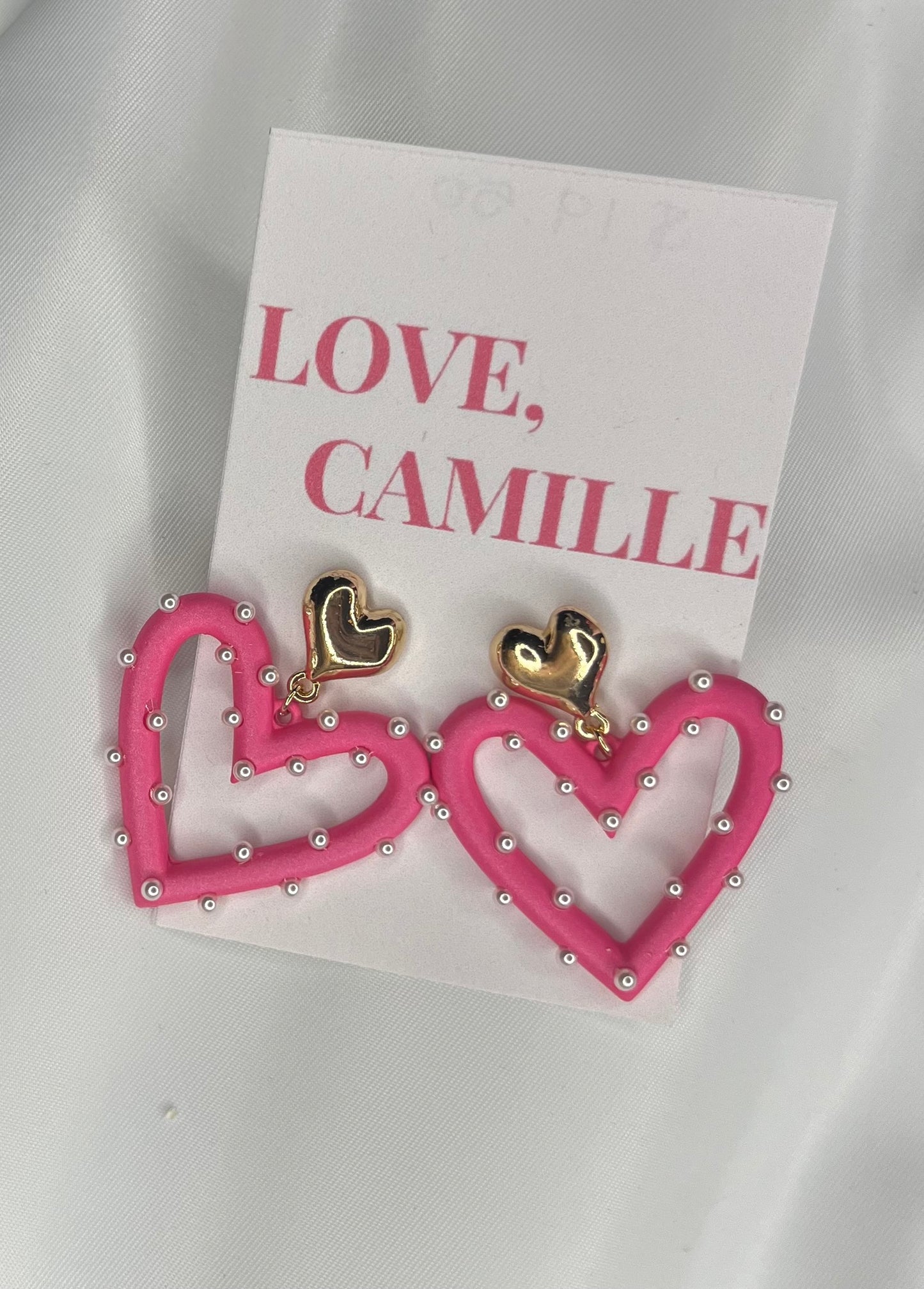 Hot Pink Heart Pearl Earrings