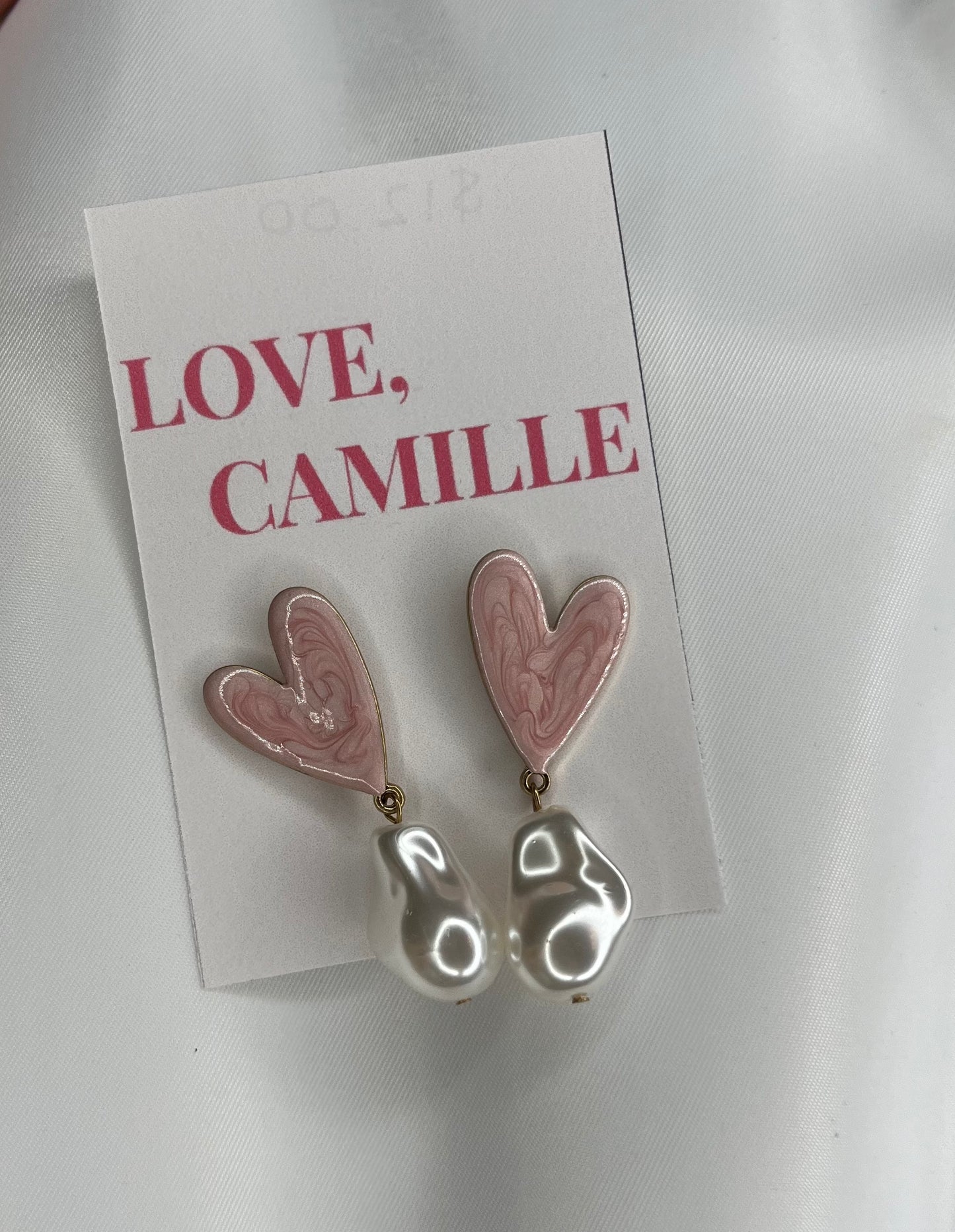 Pink and Pearl Heart Drop Earrings